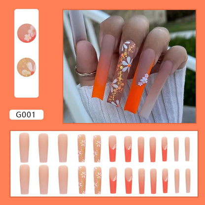 24pcs Artifical Fake Nails Long Coffin French Ballerina Wearable False Nail Tips Finished Rhinstones Flower Design Press on Nail