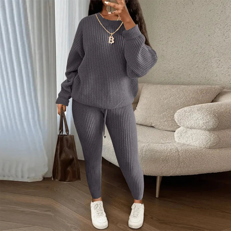 Winter Two Piece Sets Women Clothing Autumn Fashion Casual Solid Round Neck Pullover Loose Pit Knitted Sweater Pants Suits