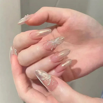 24Pcs Pink Almond French Press on Nails With 3D Bow ripple charms Design Fake Nails Ballerina False Nails Full Cover Nail Tips