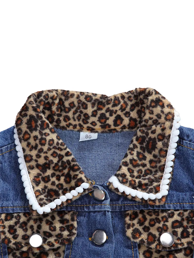 1-6years Baby Girls Denim Casual Outfit Sets Sleeveless Leopard Print Denim Top + Leopard Print Denim Shorts Suits Girls