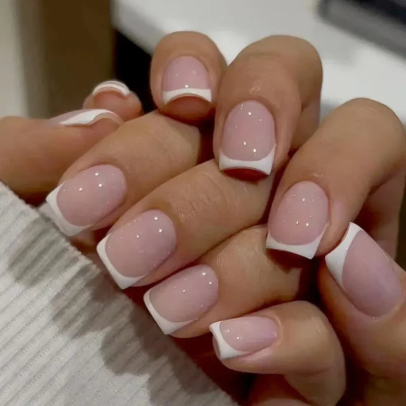 24Pcs Short Square False Nails Simple French Fake Nails Press on Nails Full Cover Nail Tips Detachable DIY Manicure