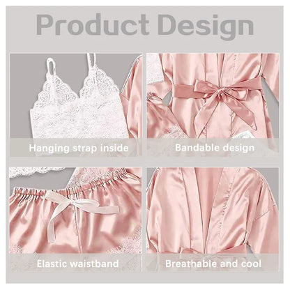 Sexy Pajama Pants Set 4 Pieces Lace Satin With Silk Sleepwear Robe