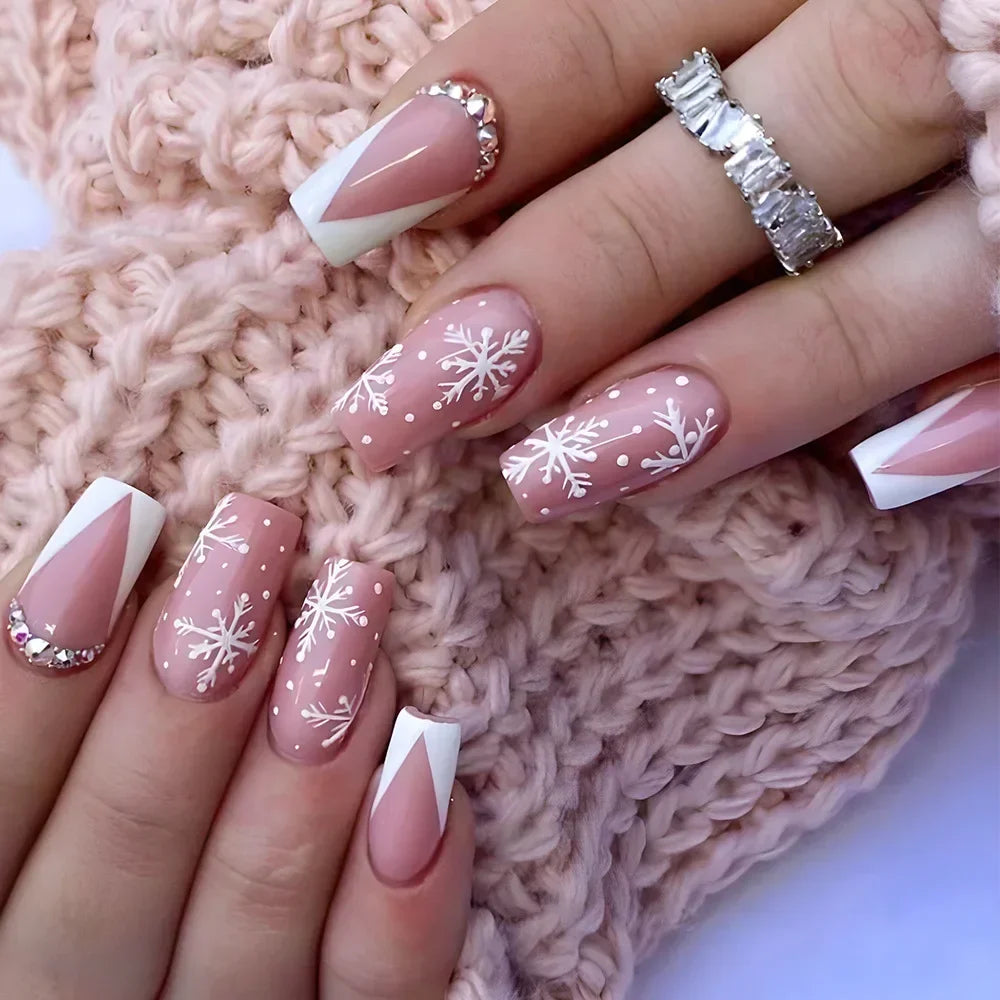 24Pcs Simple Blue French Fake Nails with Diamond Love Pattern Design False Nails Press on Mid-length Ballet Full Cover Nail Tips