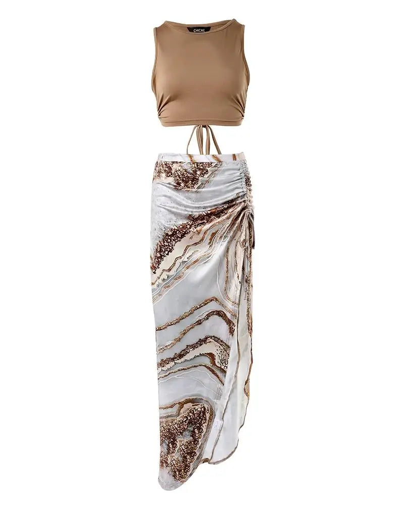 Casual O-Neck Sleeveless Crop Top and Ruched Tie Dye Print High Slit Skirt Sets