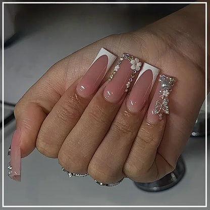 24Pcs Long Ballerina False Nails Press on Nails Serpentine Flower with Rhinestones French Fake Nails Wearable White Nail Tips
