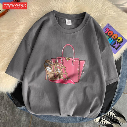 Fashionable Bags And Pink High Heels Print Men Tees Graphic Art T-Shirts High-Quality Cotton Tee Shirt Cotton Loose Clothing