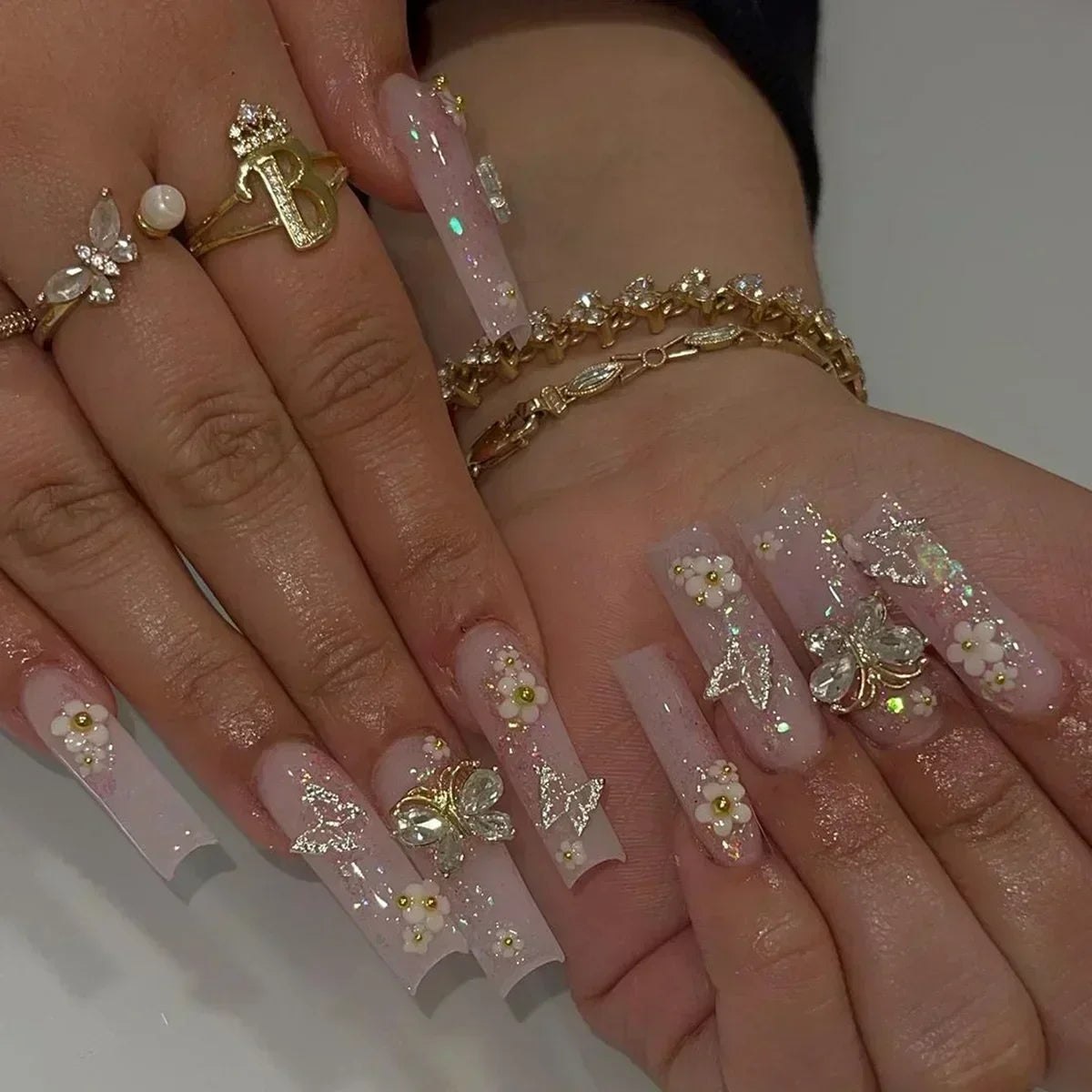 24Pcs False Nails Long Coffin Ballet French with Rhinestones Wearable Fake Nails Blue Flower Full Cover Press on Nails Tips Art