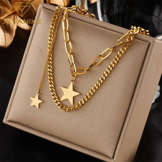 Stainless Steel Gold Color Star Pendant Women Necklace Casual