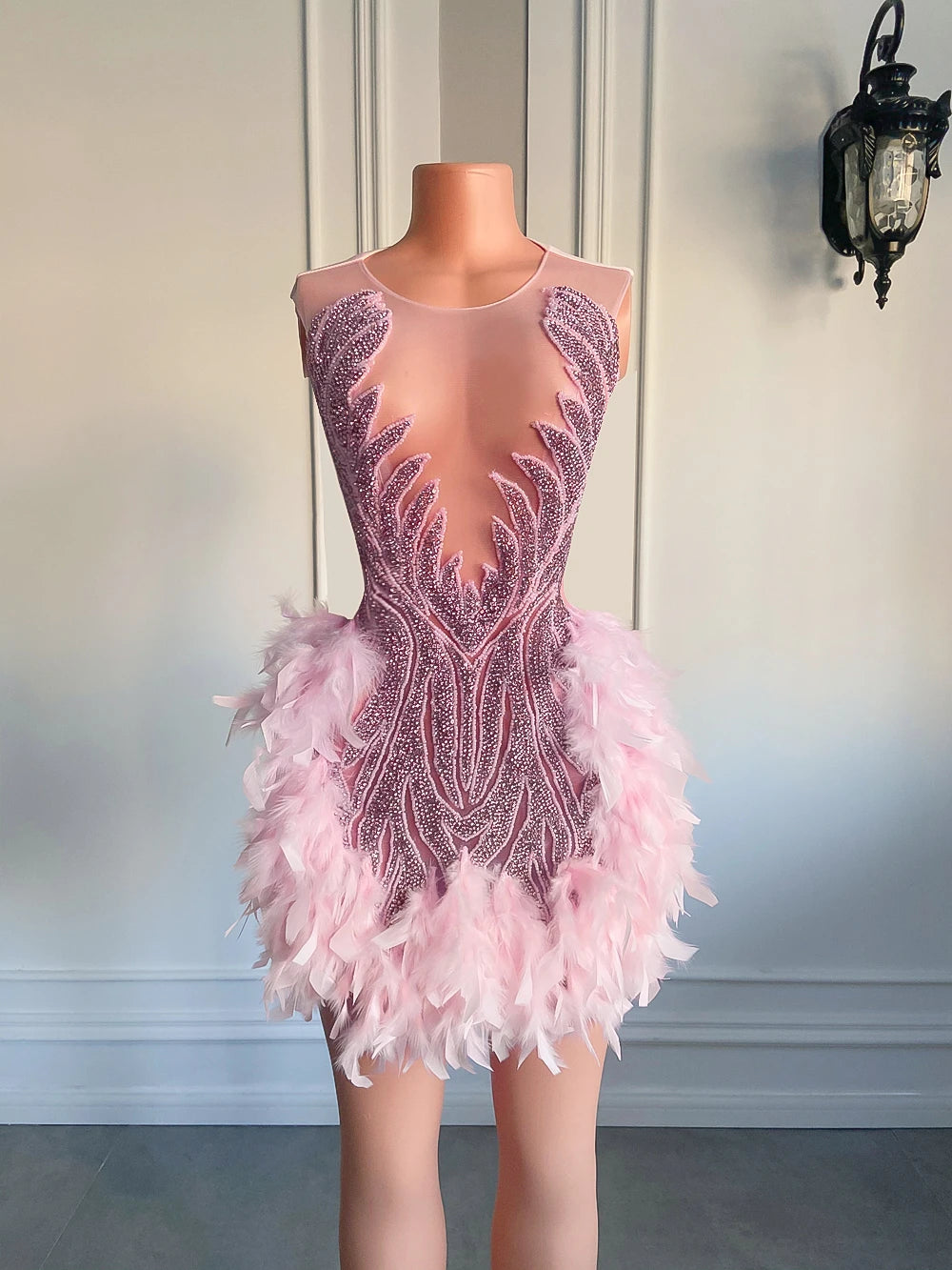 Luxury Sheer Neckline Women Cocktail Dress Pink Feather Black Girl Short Prom Dresses