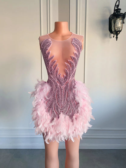 Luxury Sheer Neckline Women Cocktail Dress Pink Feather Black Girl Short Prom Dresses