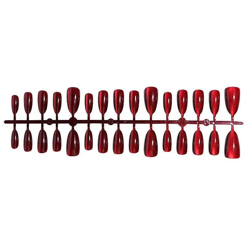 24 Pcs Medium Nails with Design Almond Red Cat Eye Stick-on