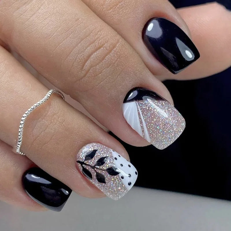24pcs Short Square False Nails Glitter Flower Wave French Fake Nails Manicure Full Cover Detachable Nail Tips Press on Nails