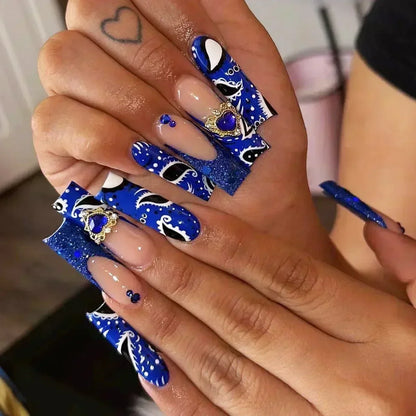 24Pcs Long Ballerina False Nails Press on Nails Serpentine Flower with Rhinestones French Fake Nails Wearable White Nail Tips