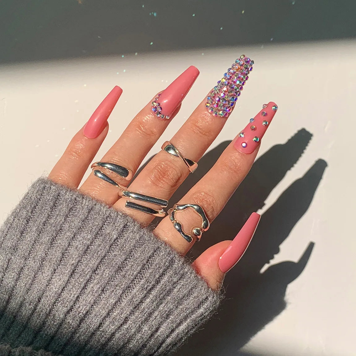 24Ps Super Long Ballet Wearable Fake Nails Blue Diamond Small Flower Press on Nail Stickers Finished Removable False Nail Pieces