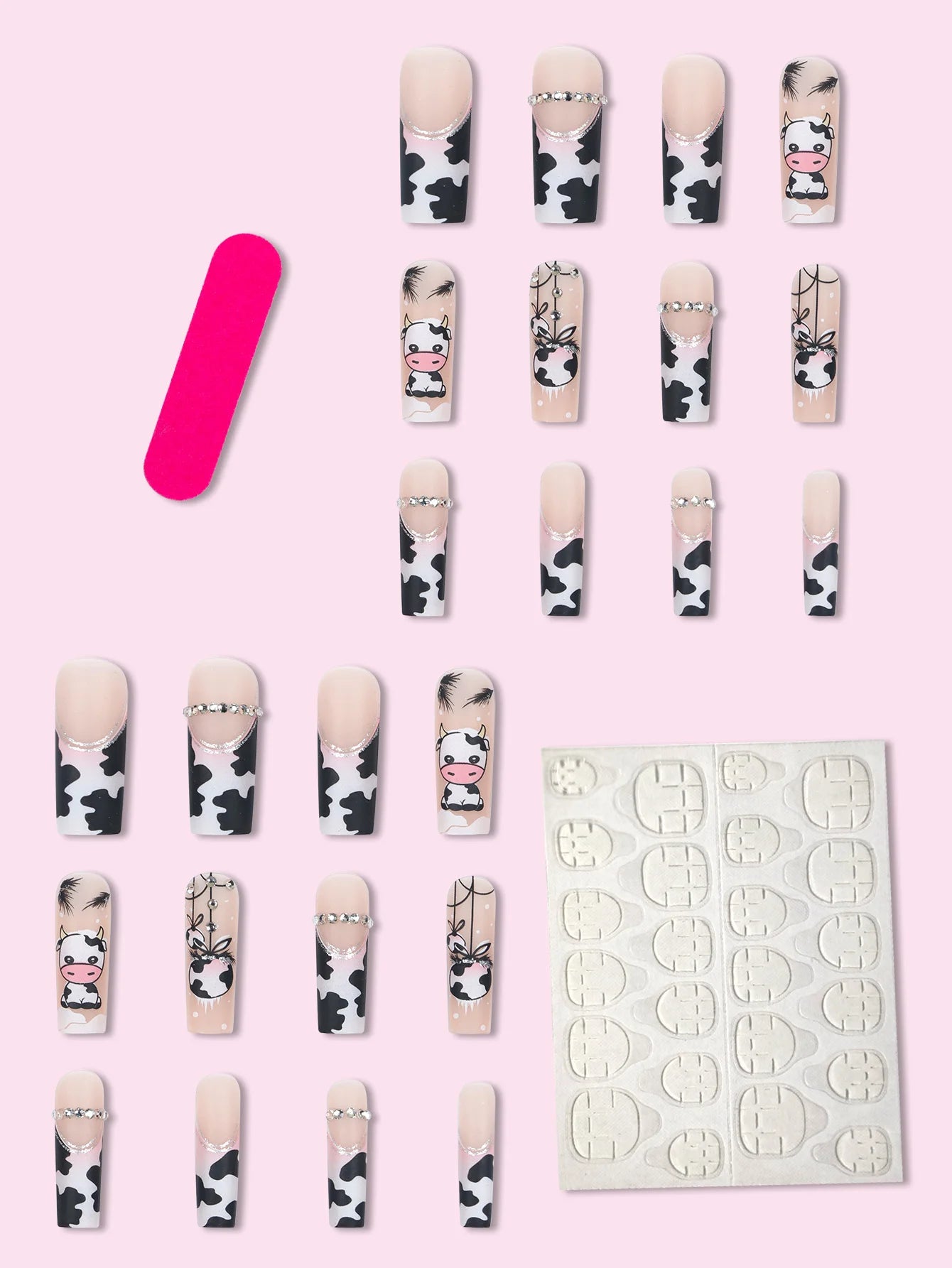 24 Pieces of Long Coffins with Cow Patterns, French Pattern, Diamond Frosted Fake Nails&1 Nail File and 1 Fruit