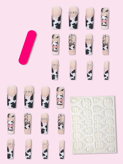 24 Pieces of Long Coffins with Cow Patterns, French Pattern, Diamond Frosted Fake Nails&1 Nail File and 1 Fruit