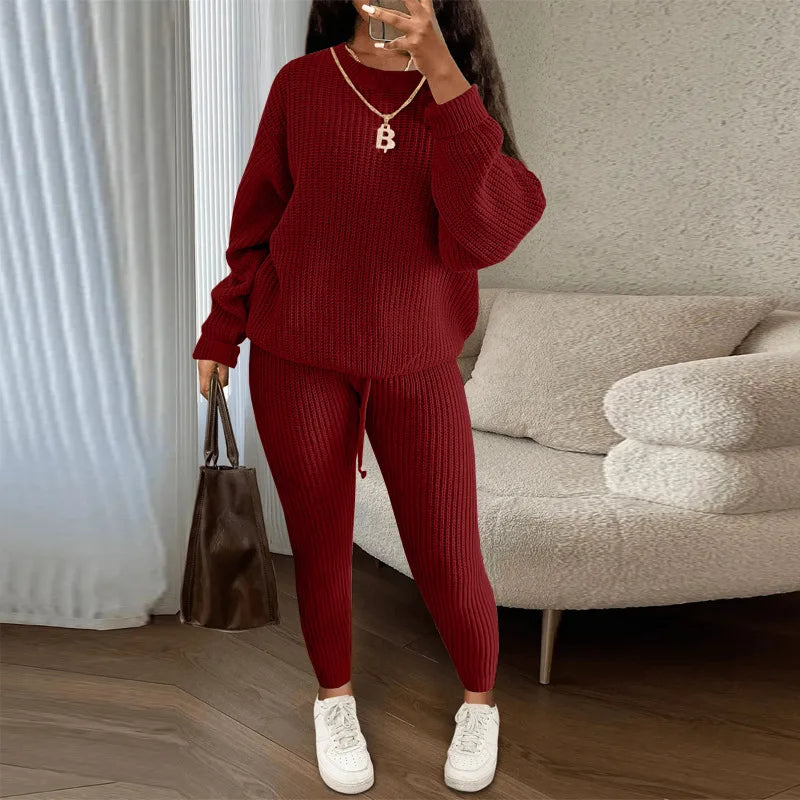 Winter Two Piece Sets Women Clothing Autumn Fashion Casual Solid Round Neck Pullover Loose Pit Knitted Sweater Pants Suits
