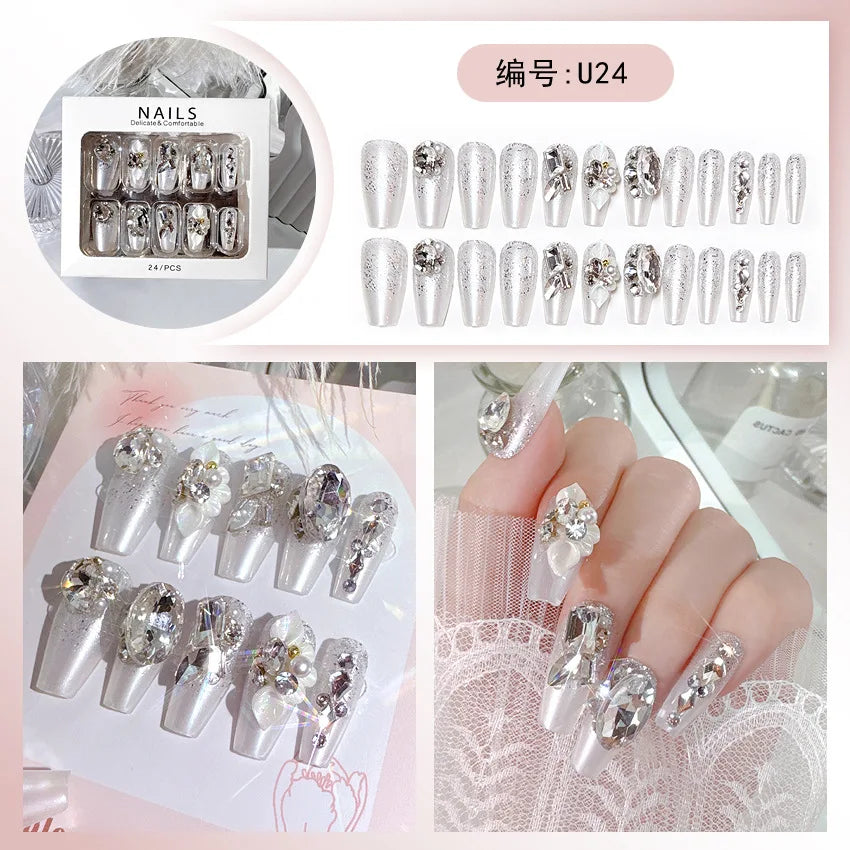 24pcs Luxury Mid-Long Ballet False Nails Set Glittering Rhinestone+Handmade Flowers Press-on Fake Nail Glossy Patch For Bridal