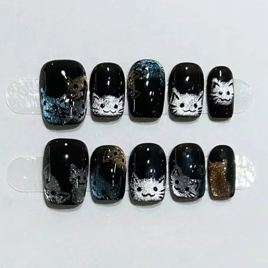 10Pcs Short Handmade Press On Nails Full Cover Cute Cat Cat Eye