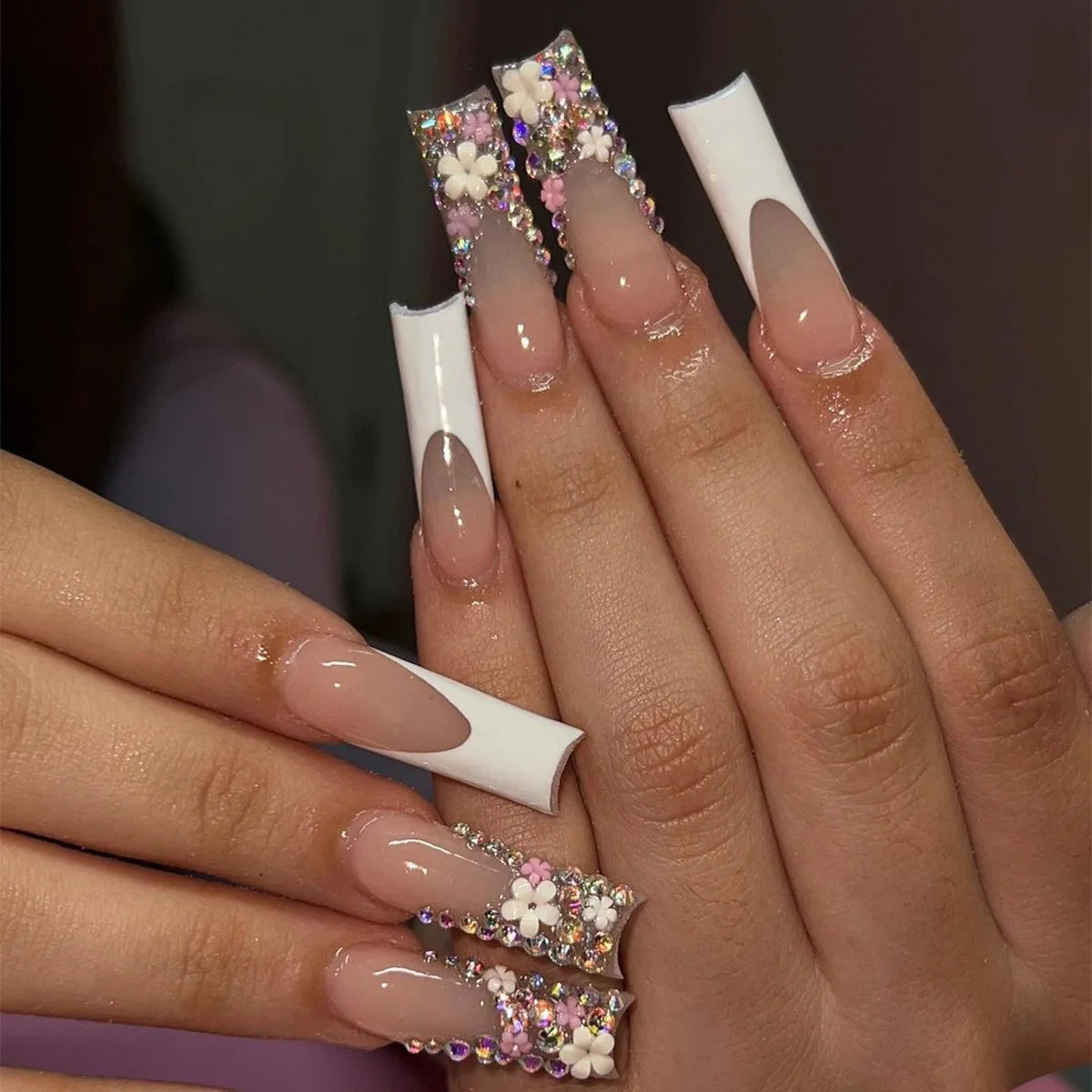 24Pcs White French False Nails Long Ballet Fake Nail with Pearl Bow Flower Design Press on Nails Pink Wearable Square Nails Set