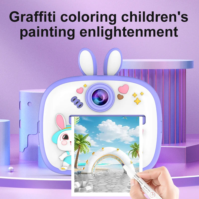 Children Digital Camera Instant Print for Kids Thermal Print Rabbit Camera Instant Photo Printing Camera Video Toys+32G Memory