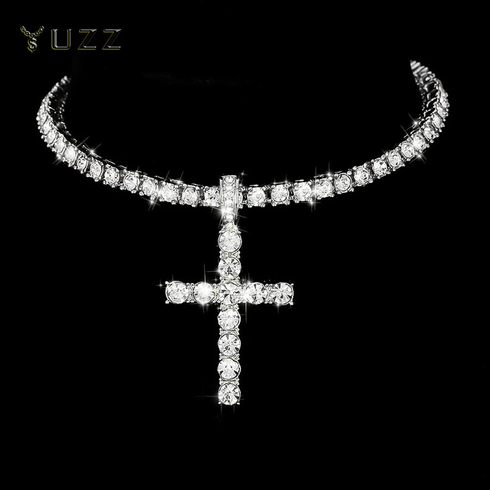 Hip Hop Iced Out Cross Pendant Necklace Strap 4mm Zircon Tennis Chain