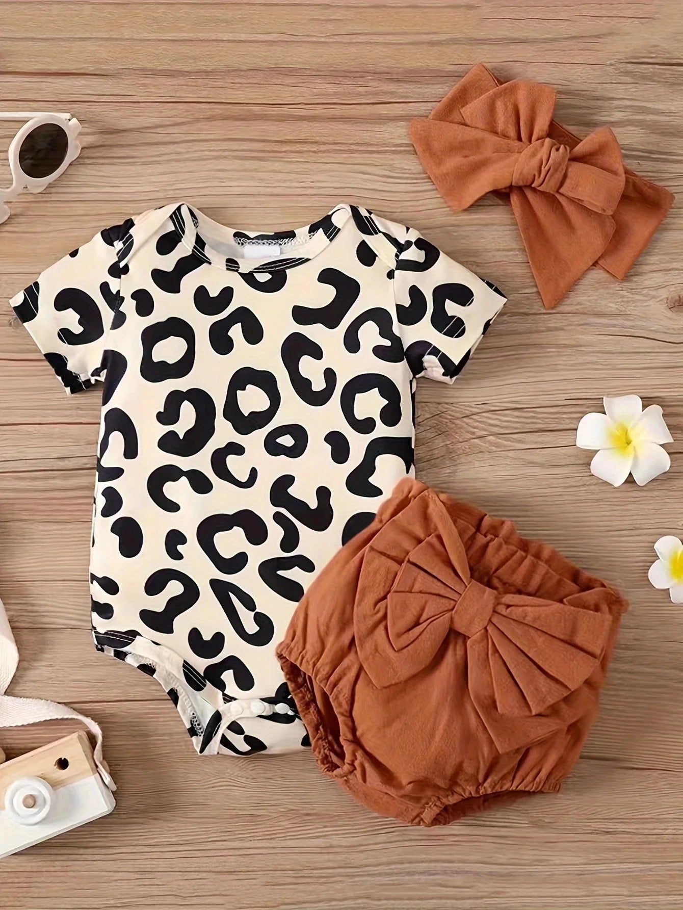 0-1 year old newborn baby girl summer leopard print short sleeved bag fart triangle climbing suit+shorts hair accessories three