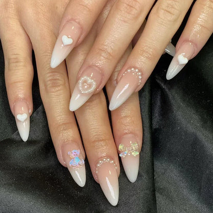 24Pcs Pink Almond French Press on Nails With 3D Bow ripple charms Design Fake Nails Ballerina False Nails Full Cover Nail Tips