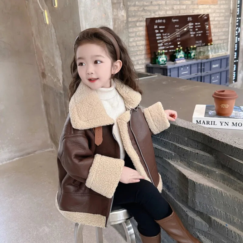 New Winter Boys and Girls' Cool Handsome Standing Neck Motorcycle Jacket with Thickened PU Leather Lamb Fleece Coat for Children