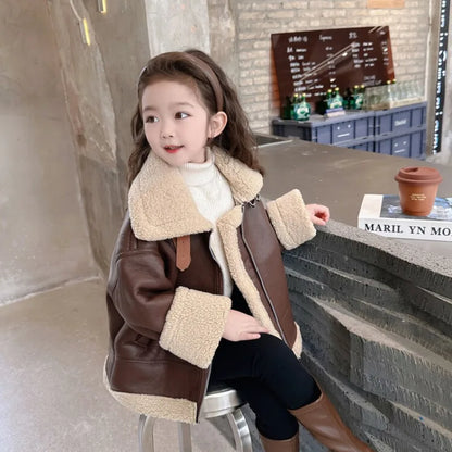 New Winter Boys and Girls' Cool Handsome Standing Neck Motorcycle Jacket with Thickened PU Leather Lamb Fleece Coat for Children