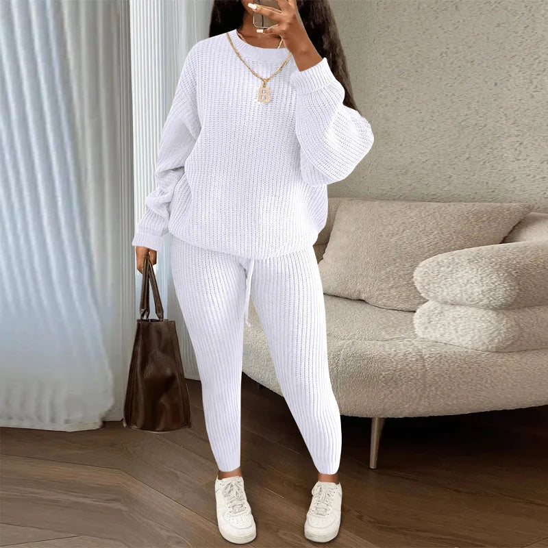 Winter Two Piece Sets Women Clothing Autumn Fashion Casual Solid Round Neck Pullover Loose Pit Knitted Sweater Pants Suits