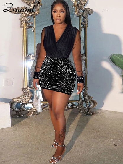 Sexy Sheer Mesh Patchwork Rhinestone Bodycon Black Mini Dress Women's Long Sleeve Skinny Birthday Evening Party Dresses