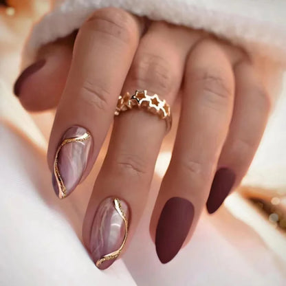 24Pcs Mid-length False Nails with Almond Head Design Brown Gold Lines Fake Nails Oval Wearable French Press on Nail Tips