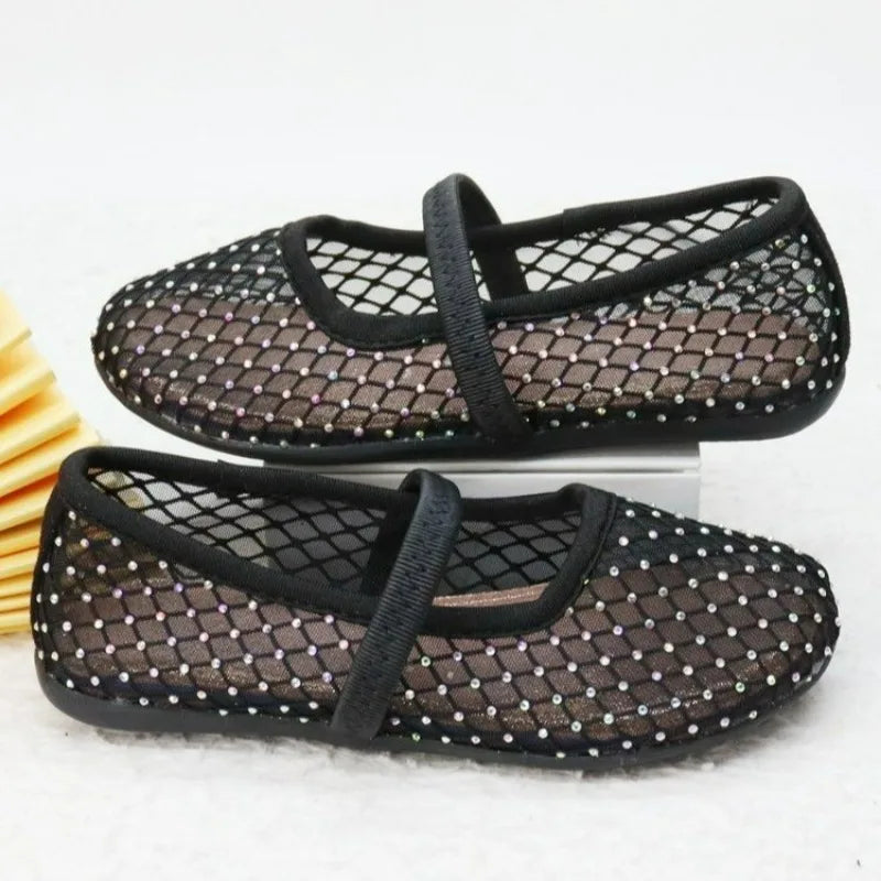 Luxury Lace Mesh Ballet Flat Kid Girls Elegant Brand Design Rhinestones Covered Fishnet Ballerina Shoes Children Dress Zapatos