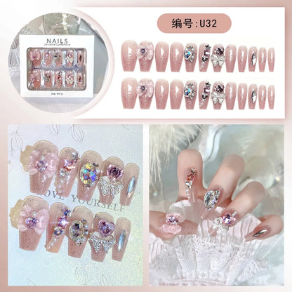 24pcs Luxury Mid-Long Ballet False Nails Set Glittering Rhinestone+Handmade Flowers Press-on Fake Nail Glossy Patch For Bridal