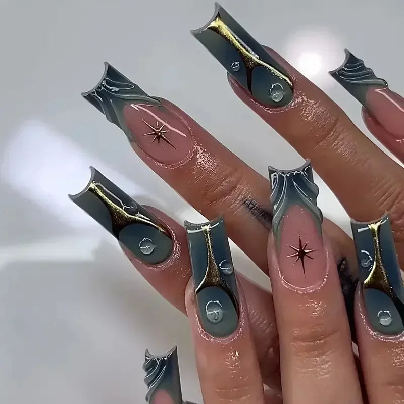 24Pcs Gradient Long Coffin False Nails with Green Rhinestones Design Black Square French Full Cover Press on Nail Tips for Girls