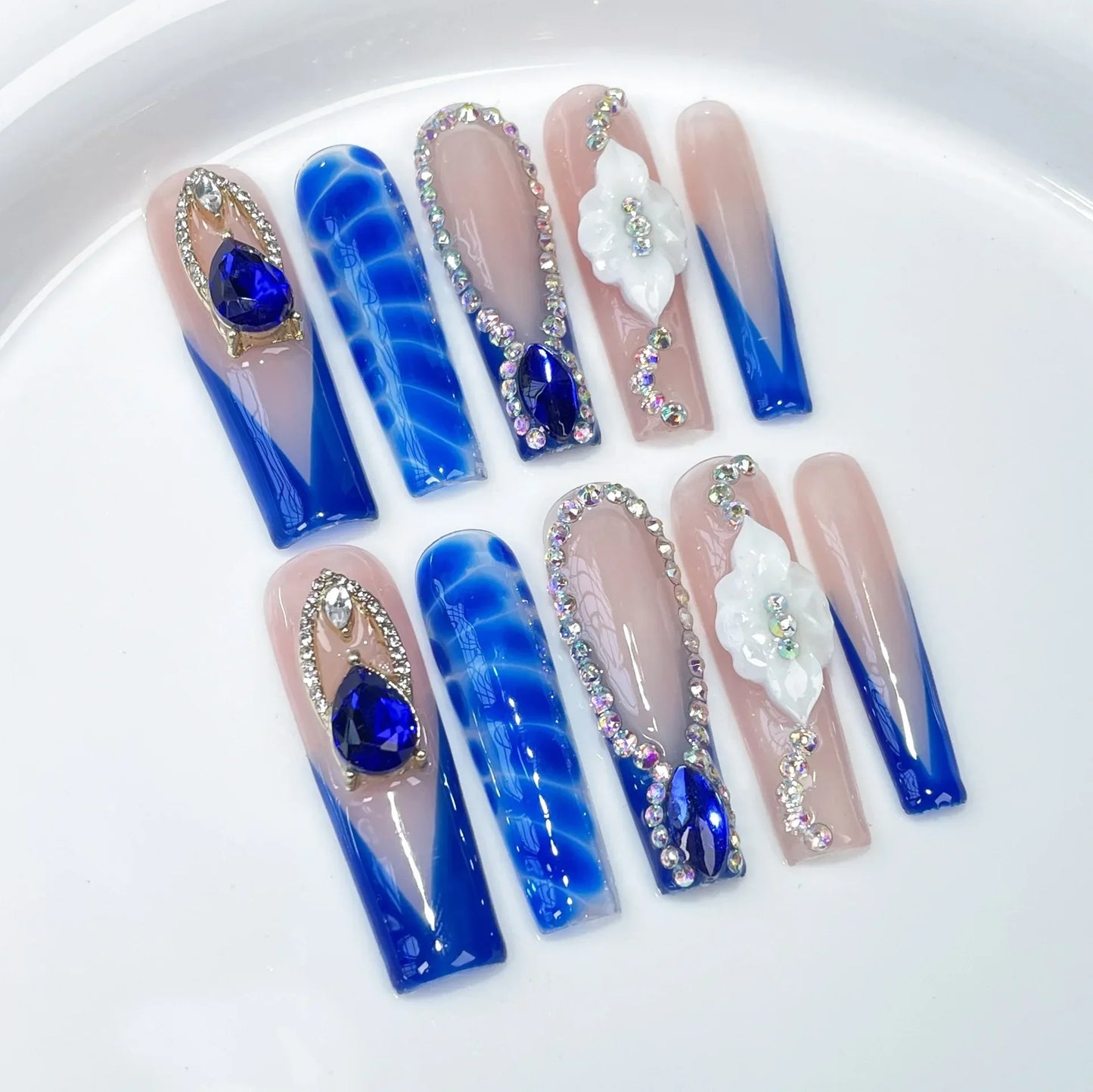 10Pcs Blue Handmade Press on Nails False Nails 3D Ocean Flower Full