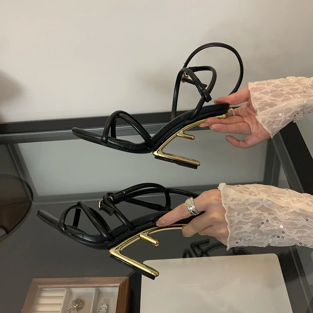 Aneikeh Summer Fashion Fretwork Heels Cross Striped Color Blocked High-heeled Sandals