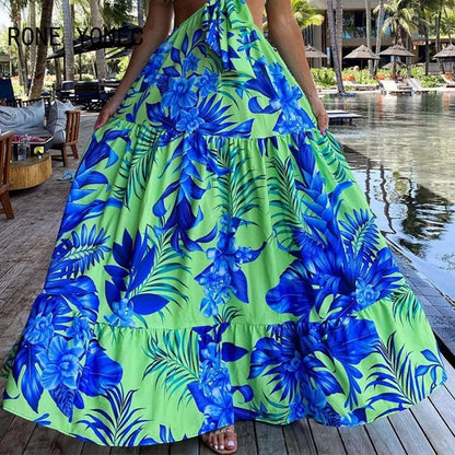 Women Elegant Sexy Spaghetti Straps All Over Print Midriff  Maxi Dress