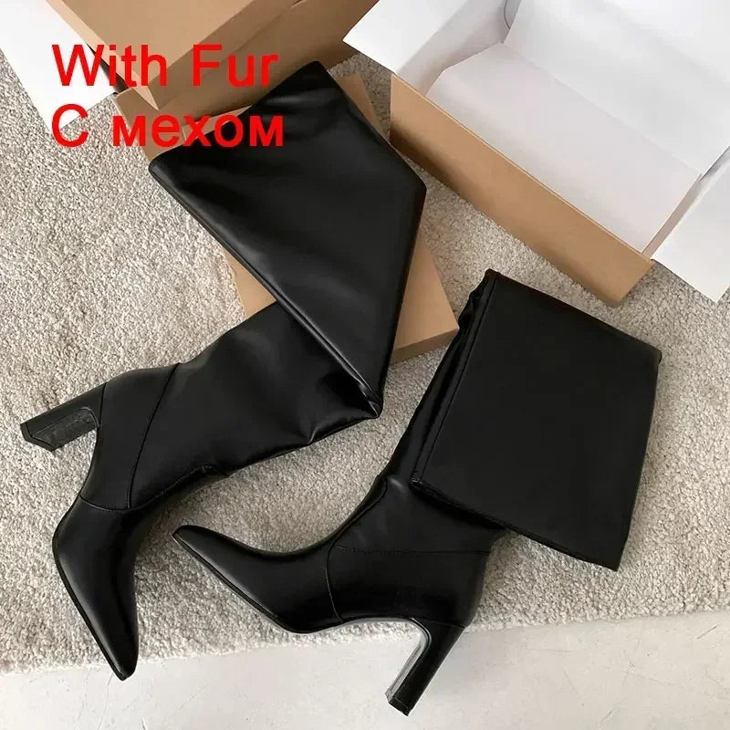 JOZHAMTA Size 34-43 Knee Boots For Women Real Leather Thick High Heels Winter Shoes Fall Fashion