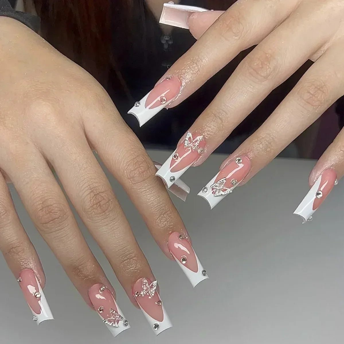 24Pcs White French False Nails Long Ballet Fake Nail with Pearl Bow Flower Design Press on Nails Pink Wearable Square Nails Set