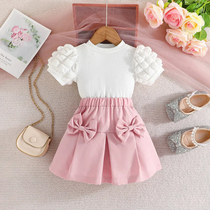 Terno For Kid Girl   Puff Sleeve Blouse and Elastic Skirt Summer Outfit Toddler Infant Clothing Set Kids Wear