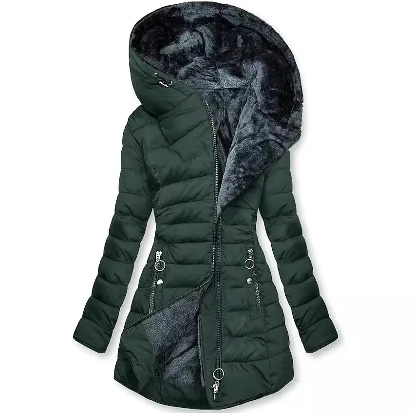 Women Parkas Hooded Solid Zipper Splice Midi Coats Long Sleeve Pockets Slim Fit Thick coats