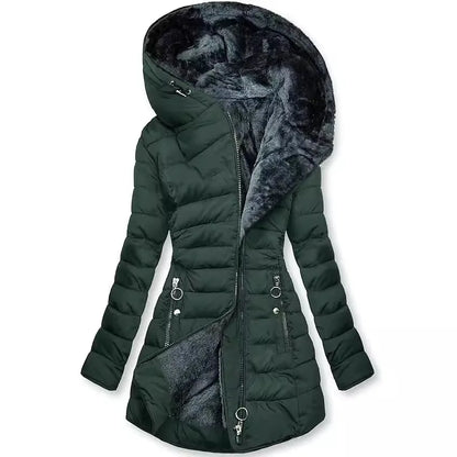 Women Parkas Hooded Solid Zipper Splice Midi Coats Long Sleeve Pockets Slim Fit Thick coats