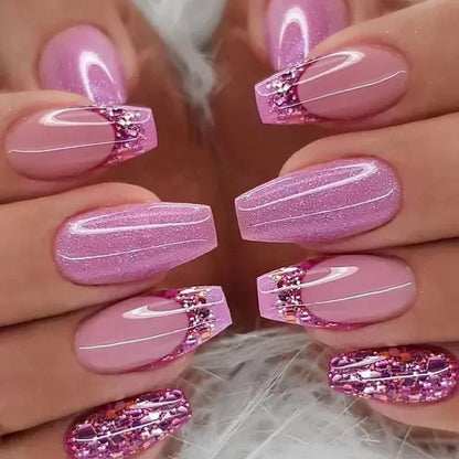 24Pcs Simple Blue French Fake Nails with Diamond Love Pattern Design False Nails Press on Mid-length Ballet Full Cover Nail Tips