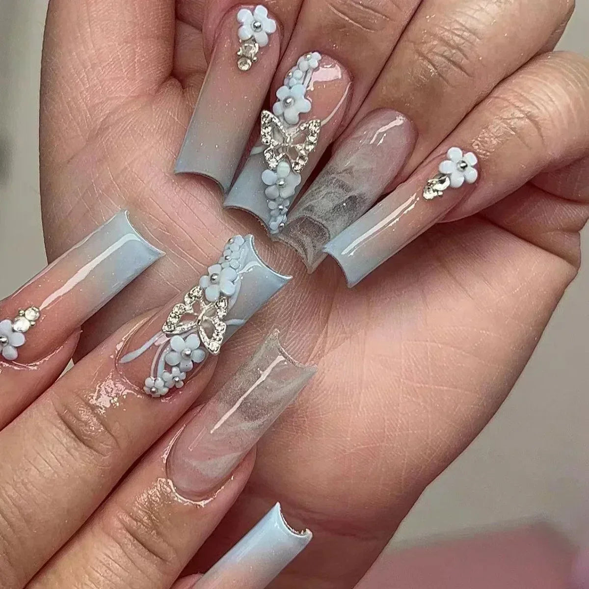 24Pcs White French False Nails Long Ballet Fake Nail with Pearl Bow Flower Design Press on Nails Pink Wearable Square Nails Set