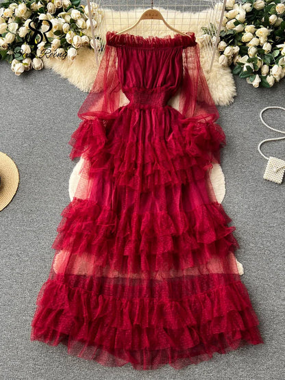 Off the Shoulder Tierred Elastic Sundress Polka Dot Lace Maxi Dress