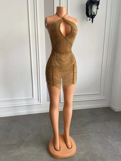 Luxury Halter Sleeveless Real Cocktail Gowns Black Girl Gold Short Mini Prom Dresses