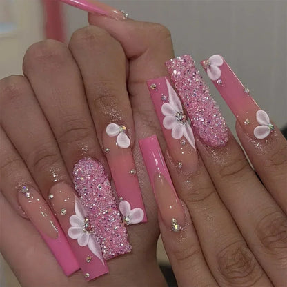 24Pcs Long Ballet French False Nails Pink Butterfly Flower with Rhinestones Wearable Fake Nails Gradient Press on Nail Tips Art