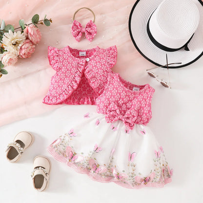 Baby Dresses Birthday Party Costume Pink Jacquard Cardigan Coat and Lace Butterfly Dress For Girls Newborns Infants Clothes